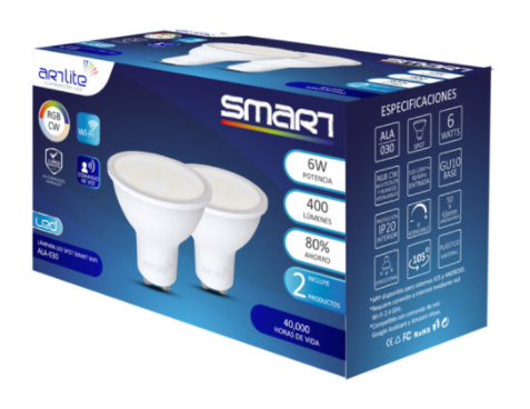 LAMPARAS LED SMART WIFI RGB CW MULTICOLOR Y BLANCOS GU10 6W HASTA 400LM DIMEABLE CON APP PAQUETE DUAL (INCLUYE 2 PRODUCTOS)