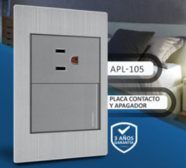 PLACA CONTACTO SENCILLO Y APAGADOR DE 1 INTERRUPTOR 3 VIAS 100-260VCA ACERO INOX. GRIS 77X124MM