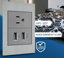 PLACA CONTACTO SENCILLO 100-260VCA Y CONVERTIDOR DE VOLTAJE DOBLE USB 5VCD 2.1A ACERO INOX. GRIS 77X124MM