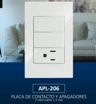 PLACA CONTACTO SENCILLO Y APAGADOR DE 2 INTERRUPTORES 2 VIAS 100-277VCA ALUMINIO BLANCO CORTE RECTO 77X124MM