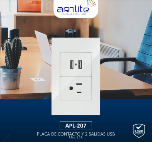 PLACA CONTACTO SENCILLO 100-277VCA Y CONVERTIDOR DE VOLTAJE DOBLE USB 5VCD 2.1A ALUMINIO BLANCO CORTE RECTO 77X124MM