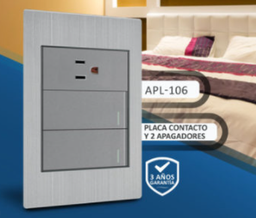 [APL-106] PLACA CONTACTO SENCILLO Y APAGADOR DE 2 INTERRUPTORES 3 VIAS 100-260VCA ACERO INOX. GRIS 77X124MM